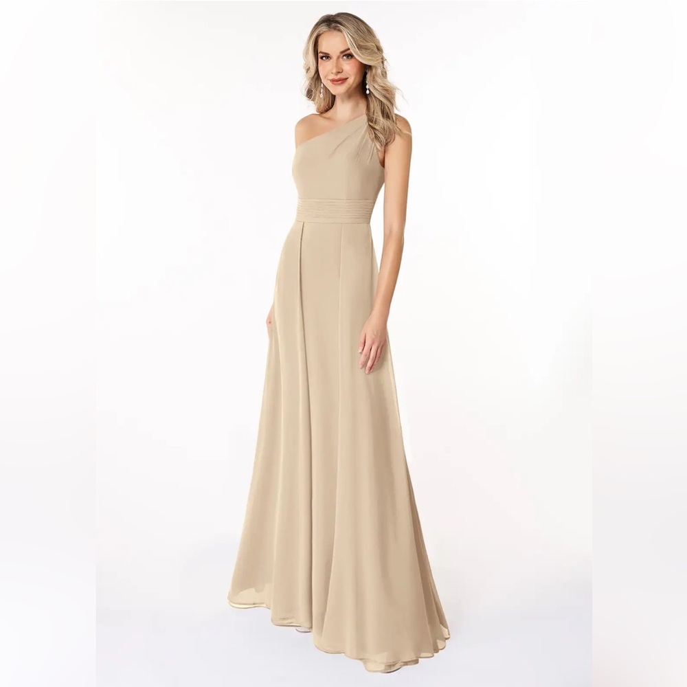 Azazie Champagne One Shoulder Gown